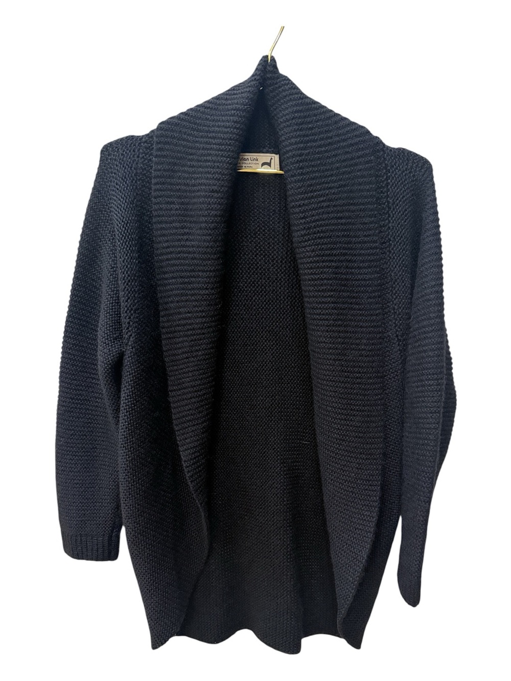 Peruvian Link Black Alpaca Open Front Cardigan Sweater Genuine Wool